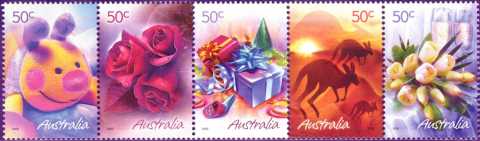 Australia-2005-Marking-the-Occasion-greeting-stamps-and-scenes-of-Australia-5-x-50-cent-Multi-P14-6-x-13-86-Strip-of-5