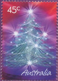 Australia-2005-Marking-the-Occasion-greeting-stamps-and-scenes-of-Australia-II-45-cent-Multi-P14-6-x-13-86-Green-art-Christmas-tree-on-dark-red-background-SG2556