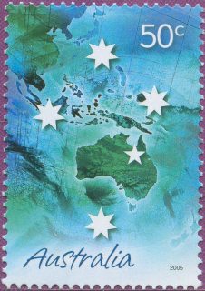 Australia-2005-Marking-the-Occasion-greeting-stamps-and-scenes-of-Australia-II-50-cent-Multi-P14-6-x-13-86-Green-map-of-Australia-and-surroundings-under-white-Southern-Cross-st