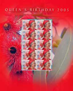 Australia-2005-Queens-Birthday-2006-5-dollar-Multi-P13-86-x-14-6-Sheetlet-of-10-showing-The-Queen-in-red-on-pink-bloom-of-native-plant-Eucalyptus-leocoxylon-at-the-Commonwealth