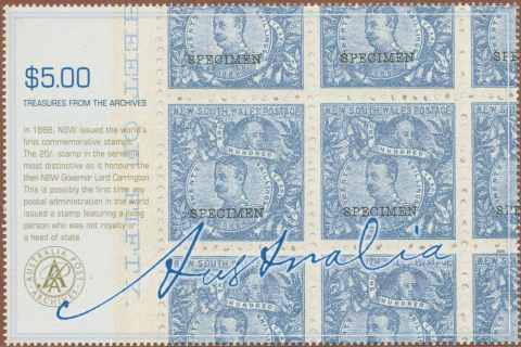 Australia-2005-Treasures-from-the-Archives-II-5-dollar-Multi-P14-3-x-14-3-Reproduction-of-part-of-the-20-shilling-Centennial-stamp-sheet-of-50