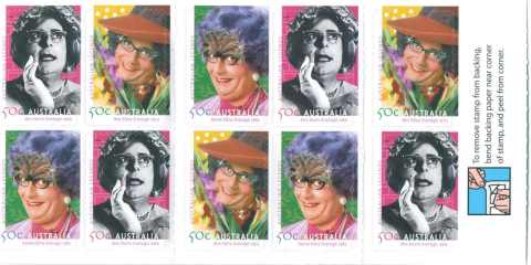 Australia-2006-Australian-Legends-Barry-Humprhies-series-ten-10-x-50-cent-Multi-Pdie-cut-simulations-Three-stamps-repeated-to-make-booklet-of-10-SG