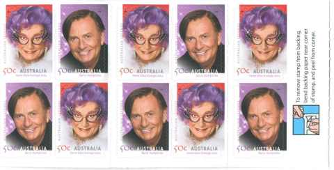 Australia-2006-Australian-Legends-Barry-Humprhies-series-ten-10-x-50-cent-Multi-Pdie-cut-simulations-Two-stamps-repeated-to-make-booklet-of-10-SG