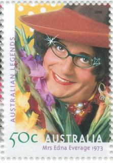 Australia-2006-Australian-Legends-Barry-Humprhies-series-ten-50-cent-Multi-P13-86-X-14-60-Mrs-Edna-Everage-1973-in-brown-hat-with-gladiolus-flowers