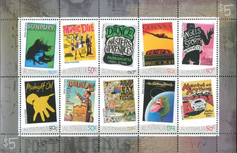 Australia-2006-Australian-Rock-Posters-10-x-50-cent-Multi-P14-6-x-13-86-Sheetlet-with-2-horizontal-rows-of-horizontal-stamps-against-illustrated-selvedge-Post-no-Bills-SG