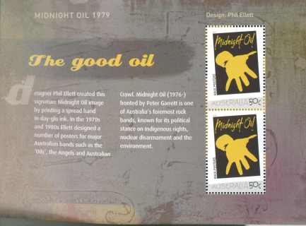 Australia-2006-Australian-Rock-Posters-2-x-50-cent-Multi-P14-6-x-13-86-Midnight-Oil-ca-1979-gold-hand-on-black-SG