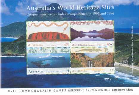 Australia-2006-Australias-World-heritage-Sites-Lord-Howe-Is-3-9-dollar-Multi-P13-86-x-14-6-Miniature-sheet-in-booklet-for-Commonwealth-Games-2006-My-Souvenir-Stamp-Booklet-unu