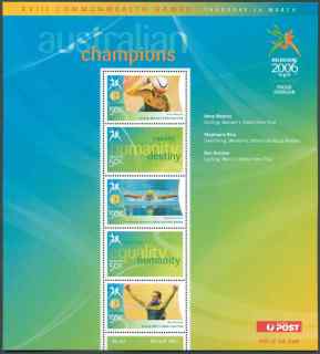 Australia-2006-Commonwealth-Games-Australian-Champions-16-March-2006-5-x-50-cent-Multi-P14-60-x-13-86-2-logo-stamps-and-3-medallists-4564