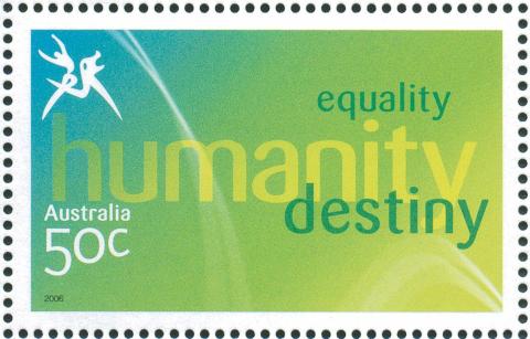 Australia-2006-Commonwealth-Games-Australian-Champions-16-March-2006-50-cent-Multi-P14-60-x-13-86-Logo-stamp-with-equality