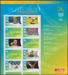 Australia-2006-Commonwealth-Games-Australian-Champions-18-March-2006-10-x-50-cent-Multi-P14-60-x-13-86-Sheetlet-of-3-logo-stamps-and-4581-2