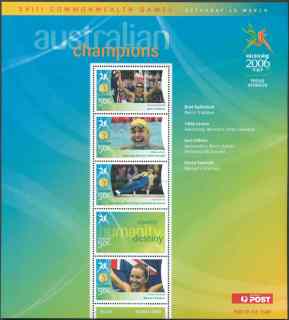 Australia-2006-Commonwealth-Games-Australian-Champions-18-March-2006-10-x-50-cent-Multi-P14-60-x-13-86-Sheetlet-of-5-stamps