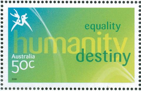 Australia-2006-Commonwealth-Games-Australian-Champions-18-March-2006-50-cent-Multi-P14-60-x-13-86-Logo-stamp-equality