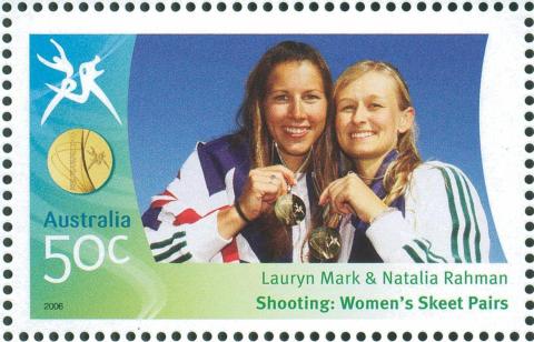 Australia-2006-Commonwealth-Games-Australian-Champions-20-March-2006-50-cent-Multi-P14-60-x-13-86-Gold-Medallists-Lauryn-Mark-and-Natalia-Rahman-Shooting-Womens-skeet-pairs-SG