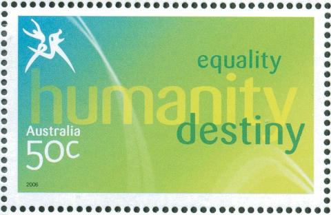 Australia-2006-Commonwealth-Games-Australian-Champions-20-March-2006-50-cent-Multi-P14-60-x-13-86-Logo-stamp-equality