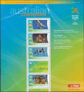 Australia-2006-Commonwealth-Games-Australian-Champions-22-March-2006-5-x-50-cent-Multi-P14-60-x-13-86-Sheetlet-one-logo-stamp-plus-4638-42-incl-SGMS2617