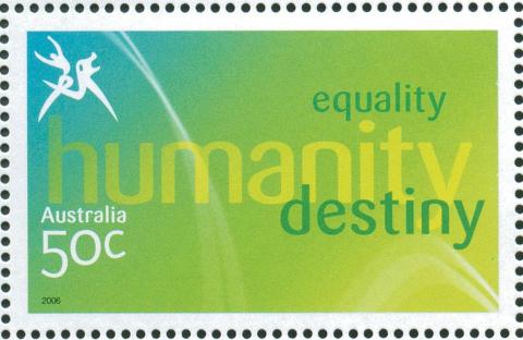 Australia-2006-Commonwealth-Games-Australian-Champions-22-March-2006-50-cent-Multi-P14-60-x-13-86-Logo-stamp-equality