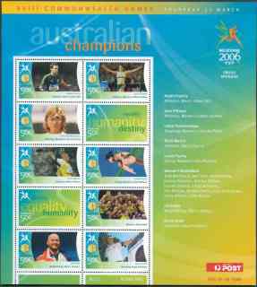 Australia-2006-Commonwealth-Games-Australian-Champions-23-March-2006-10-x-50-cent-Multi-P14-60-x-13-86-Sheetlet-2-logo-stamps-plus-eight-between-4644-and-4653-incl-SGMS2618