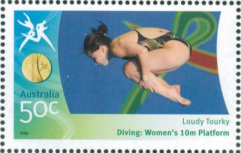 Australia-2006-Commonwealth-Games-Australian-Champions-23-March-2006-50-cent-Multi-P14-60-x-13-86-Gold-Medallist-Loudy-Tourky-Diving-Womens-10m-platformLogo-stamp-destiny