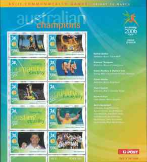 Australia-2006-Commonwealth-Games-Australian-Champions-24-March-2006-10-x-50-cent-Multi-P14-60-x-13-86-Sheetlet-with-3-logo-stamps-and-others-from-4655-to-4664-incl-SGMS2619