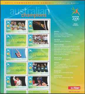 Australia-2006-Commonwealth-Games-Australian-Champions-25-March-2006-10-x-50-cent-Multi-P14-60-x-13-86-Sheetlet-with-3-logo-stamps-plus-4666-to-4675-incl-SGMS2620