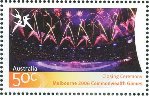 Australia-2006-Commonwealth-Games-Closing-Ceremony-26-March-2006-50-cent-Multi-P14-60-x-13-86-Aerial-photograph-of-Melbourne-Cricket-Cround-with-fireworks-SG