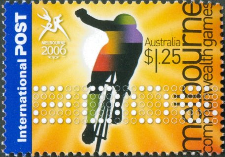 Australia-2006-Commonwealth-Games-Melbourne-2006-1-25-dollar-Multi-P13-86-x-14-60-Cyclist-frontal-in-red-shades-against-yellow-background