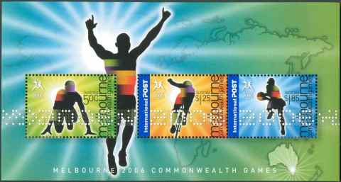 Australia-2006-Commonwealth-Games-Melbourne-2006-3-6-dollar-Multi-P13-86-x-14-60-Sheet-in-blue-green-radiating-background-with-rejoicing-athlete-dark-in-centre-Stamps-4548-9-are