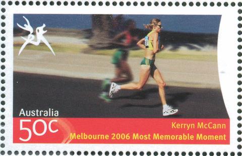 Australia-2006-Commonwealth-Games-Most-Memorable-Moment-50-cent-Multi-P14-60-x-13-86-Kerryn-McCann-Womens-marathon-Gold-Medallist-by-2-seconds-distant-side-view-overtaking-anoth