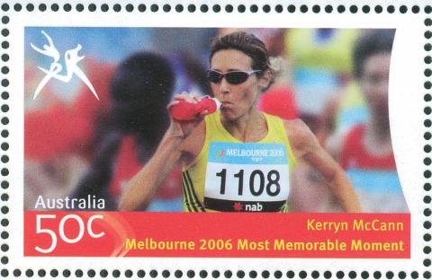 Australia-2006-Commonwealth-Games-Most-Memorable-Moment-50-cent-Multi-P14-60-x-13-86-Kerryn-McCann-Womens-marathon-Gold-Medallist-by-2-seconds-top-frontal-taking-drink-from-red