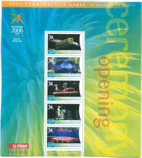 Australia-2006-Commonwealth-Games-Opening-Ceremony-15-March-2006-5-x-50-cent-Multi-P14-60-x-13-86-Sheetlet-with-one-each-of-4558-to-4562