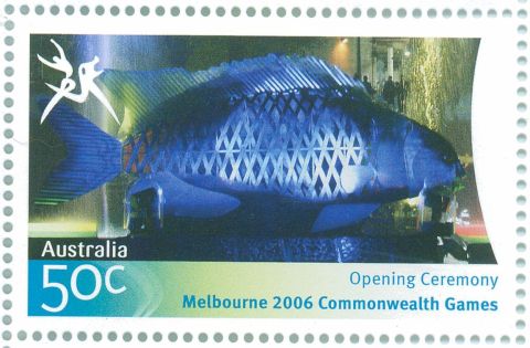 Australia-2006-Commonwealth-Games-Opening-Ceremony-15-March-2006-50-cent-Multi-P14-60-x-13-86-Blue-fish-model-on-Yarra-River