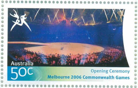 Australia-2006-Commonwealth-Games-Opening-Ceremony-15-March-2006-50-cent-Multi-P14-60-x-13-86-Colourful-panorama-photo-of-stadium-interior-under-night-lights-decoration