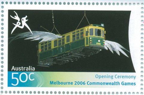 Australia-2006-Commonwealth-Games-Opening-Ceremony-15-March-2006-50-cent-Multi-P14-60-x-13-86-Mock-tram-with-duck-wings-lowered-into-stadium-SG