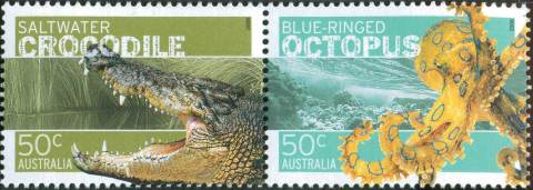 Australia-2006-Dangerous-Australians-Fauna-2-x-50-cent-Multi-P13-86-x-14-6-Strip-4795-to-5796-SG