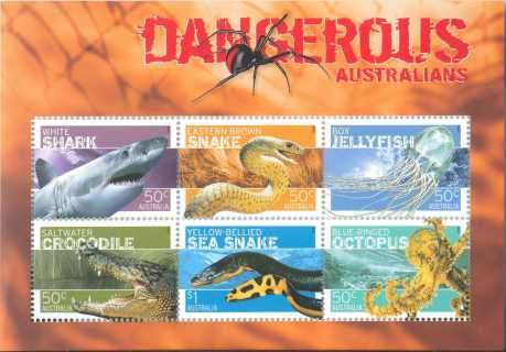 Australia-2006-Dangerous-Australians-Fauna-3-5-dollar-Multi-P13-86-x-14-6-Miniature-sheet-with-two-rows-of-3-showing-4792-to-4797-SGMS2709