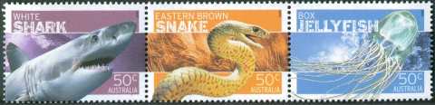 Australia-2006-Dangerous-Australians-Fauna-3-x-50-cent-Multi-P13-86-x-14-6-Strip-4792-to-4794-SG