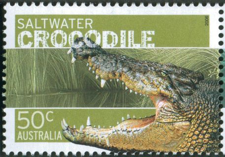 Australia-2006-Dangerous-Australians-Fauna-50-cent-Multi-P13-86-x-14-6-Saltwater-crocodile-Crocodylus-porosus-shown-as-head-with-open-jaws-SG2706