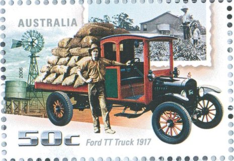 Australia-2006-Driving-through-the-Years-Cars-50-cent-Multi-P13-86-x-14-6-Ford-TT-Truck-1917-with-load-of-sacks-SG2678