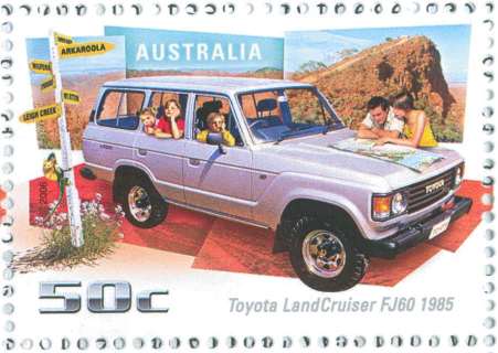 Australia-2006-Driving-through-the-Years-Cars-50-cent-Multi-P13-86-x-14-6-Toyota-LandCruiser-FL60-1985-in-S-A-red-centre-by-signpost-with-Leigh-Creek-and-other-places-SG2682