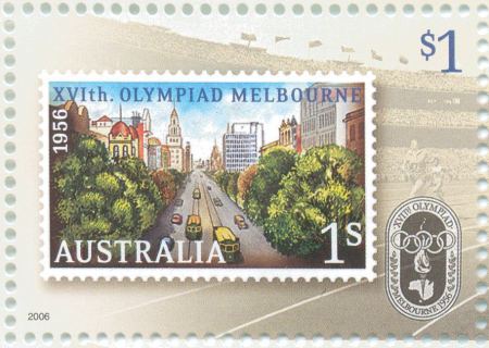 Australia-2006-Fifty-Years-on-The-Melbourne-Olympics-1-dollar-Multi-P13-86-x-14-6-Stamp-on-Stamp