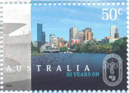 Australia-2006-Fifty-Years-on-The-Melbourne-Olympics-50-cent-Multi-P13-86-x-14-6-Yarra-River-before-Melbourne-today-SG2728