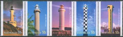 Australia-2006-Lighthouses-of-the-Twentieth-Century-5-x-50-cent-Multi-P14-6-x-13-86-Strip