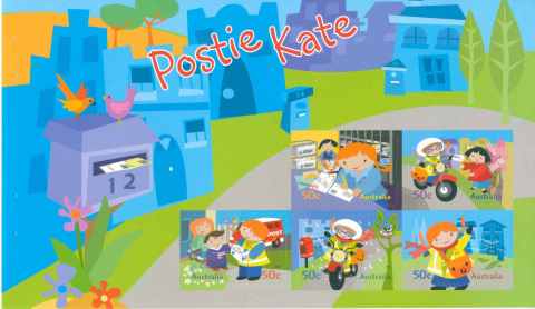 Australia-2006-Postie-Kate-Childrens-Stamps-5-x-50-cent-Multi-Pdie-cut-Mini-sheet-in-Postie-Kate-Stamp-Fun-Book-SG