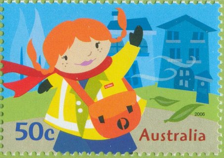 Australia-2006-Postie-Kate-Childrens-Stamps-50-cent-Multi-P13-86-x-14-60-Postie-in-front-of-homes-with-leather-stachel-SG2651