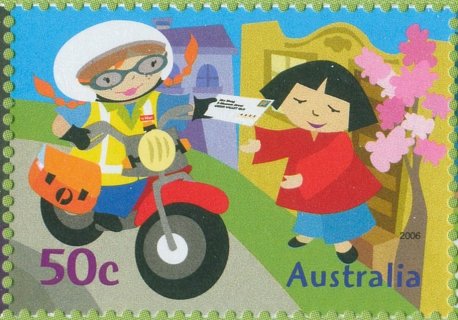 Australia-2006-Postie-Kate-Childrens-Stamps-50-cent-Multi-P13-86-x-14-60-Postie-on-scooter-by-red-Post-Box-SG2650