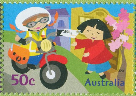 Australia-2006-Postie-Kate-Childrens-Stamps-50-cent-Multi-P13-86-x-14-60-Postie-on-scooter-hand-delivering-to-person-among-pink-flowers-SG2652