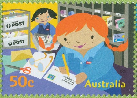 Australia-2006-Postie-Kate-Childrens-Stamps-50-cent-Multi-P13-86-x-14-60-Sorting-letters-at-Australia-Post-counter-SG2649