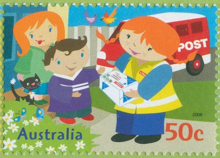 Australia-2006-Postie-Kate-Childrens-Stamps-50-cent-Multi-P13-86-x-14-60-Three-people-and-cat-before-red-AP-van-SG2653