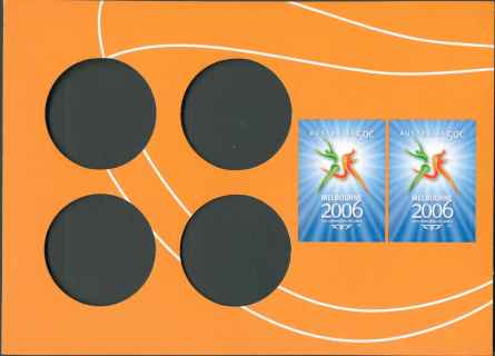 Australia-2006-Sports-of-the-Commonwealth-Games-Coin-stamp-booklet-2-x-50-cent-Multi-Pdie-cut-simulation-Two-self-adhesive-stamps-as-4536-but-on-orange-background-with-holes-fo