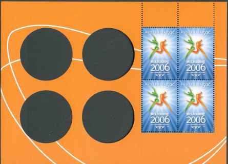 Australia-2006-Sports-of-the-Commonwealth-Games-Coin-stamp-booklet-4-x-50-cent-Multi-P14-6-x-13-86-Four-sheet-stamps